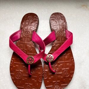 Tory Burch Pink and Brown Sandals with Logo Embellishment